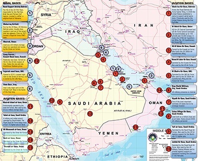 (الصورة: القواعد والمنشآت العسكرية الأمريكية في المملكة السعودية والخليج الفارسي)