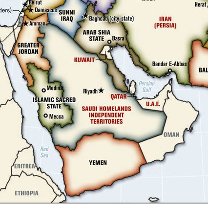 خارطة تقسيم المملكة إلى أربعة دويلات كما وضعها خبراء أميركيون بالتعاون مع خبراء اللوبي الإسرائيلي