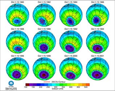 صور فضائية تظهر تطور طبقة الأوزون فوق القطب الجنوبي في السنوات الماضية.